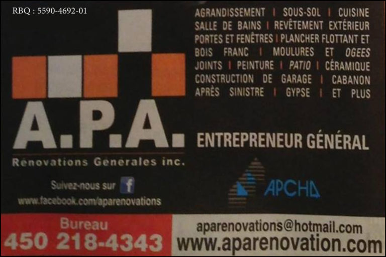 A.P.A RÉNOVATIONS GÉNÉRALES INC